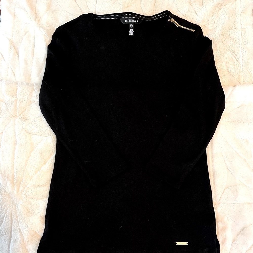 Ellen‎ Tracy Women’s Black Cotton Shirt with Gold Shoulder Zipper 3/4-sleeve